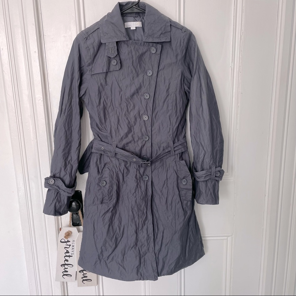 Oxmo wrinkle trench coat in a blueish gray size medium fits around an 8